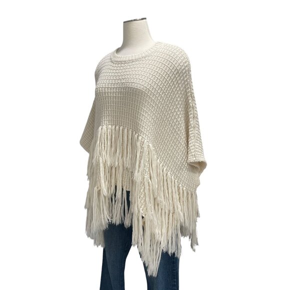 Listicle Boho Fringe Knit Poncho Sweater Large Cream Oversized Waffle Knit Cozy - Picture 7 of 8